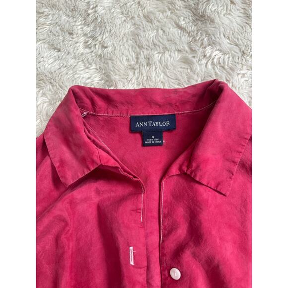 Ann Taylor Sz 4 100% Silk Red Hand Dyed Button Down Blouse Shirt Collared - Picture 6 of 6